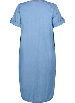 Denim jurk met split en korte mouwen, Blue denim, Packshot image number 1