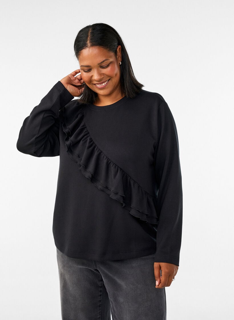 Jersey blouse met een diagonale ruchesdetail, Zwart, Model image number 0