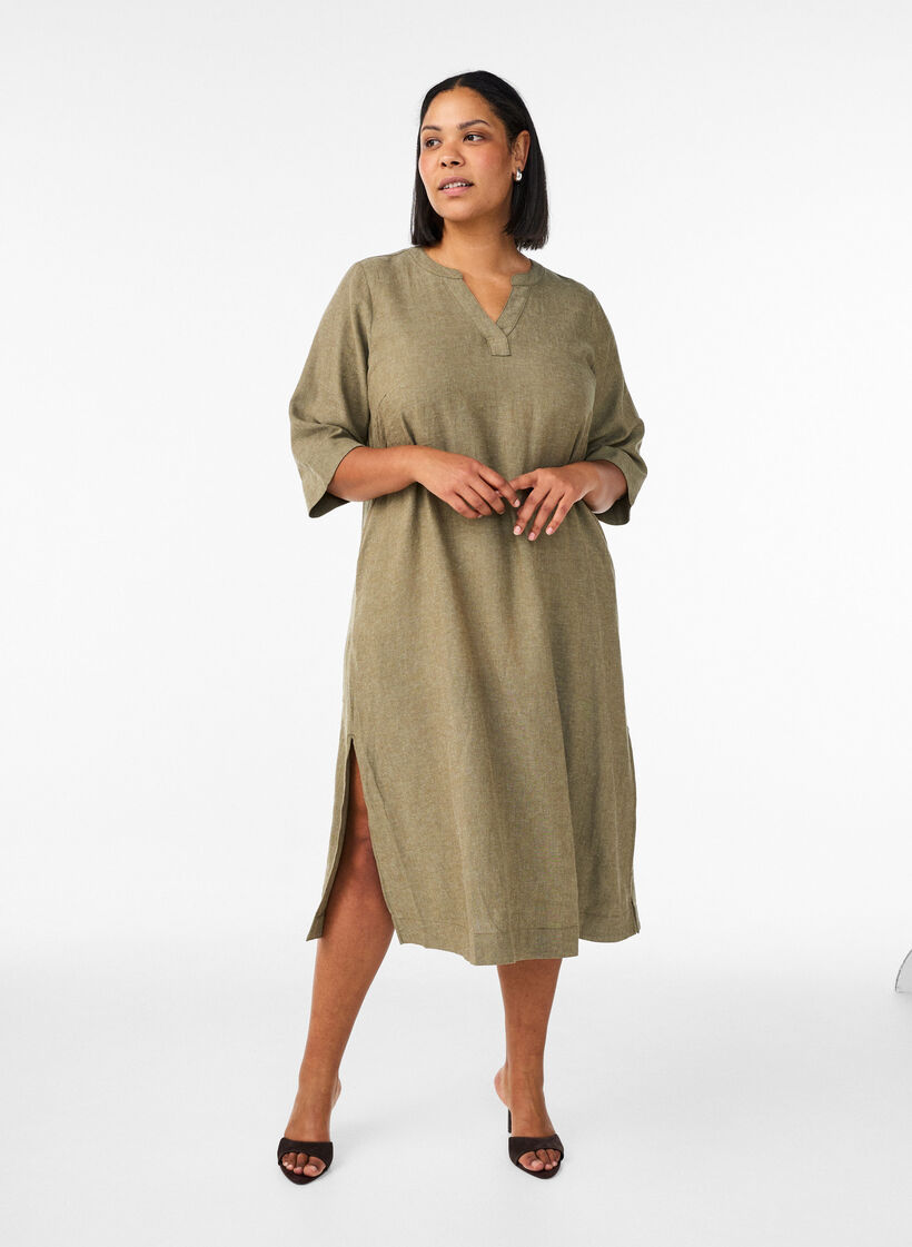 Midi-jurk in linnen en viscose met 1/2 mouwen, Groen, Model image number 1