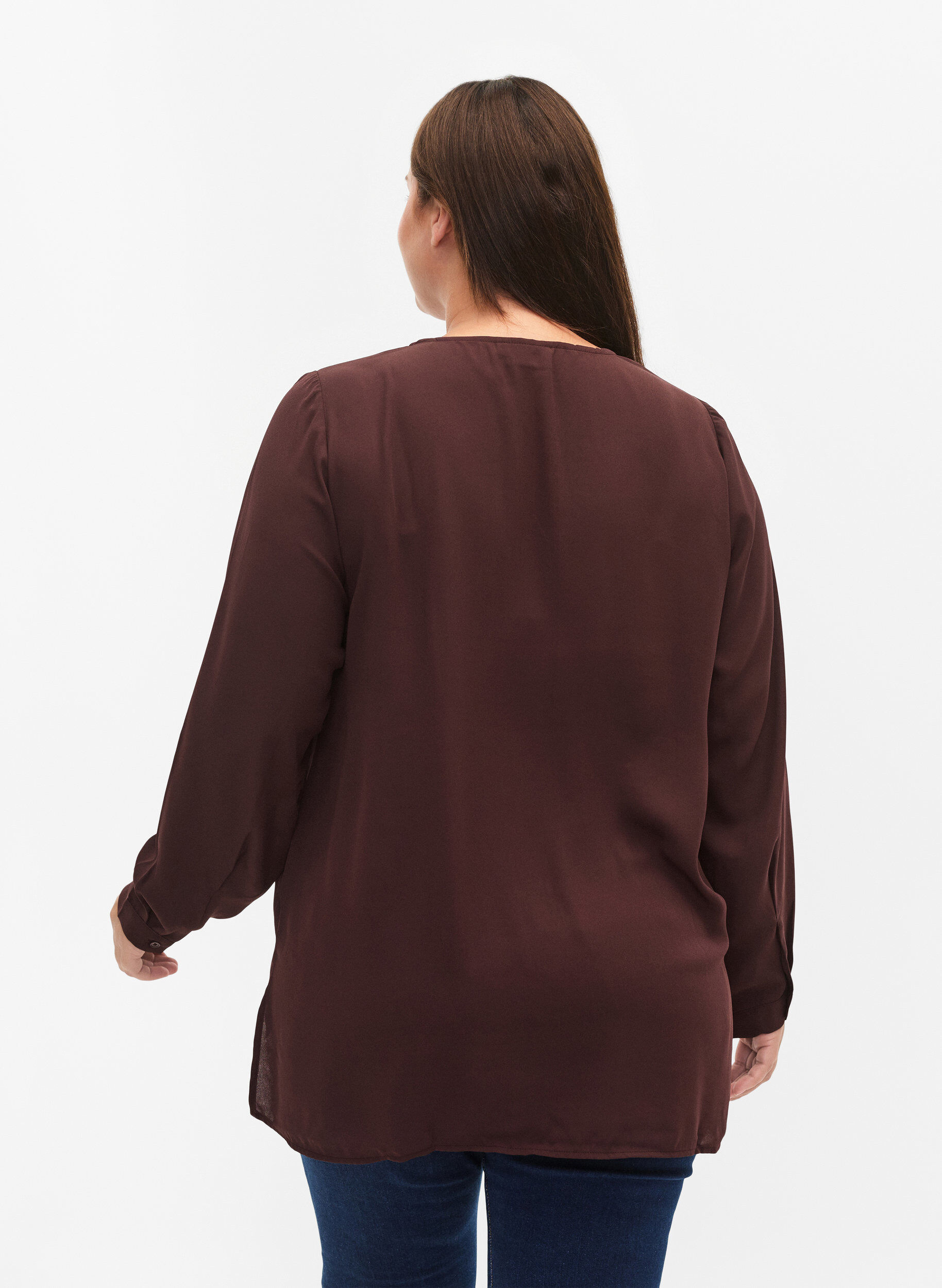 Zizzi Effen kleur overhemd met v-hals, Fudge, Model image number 1