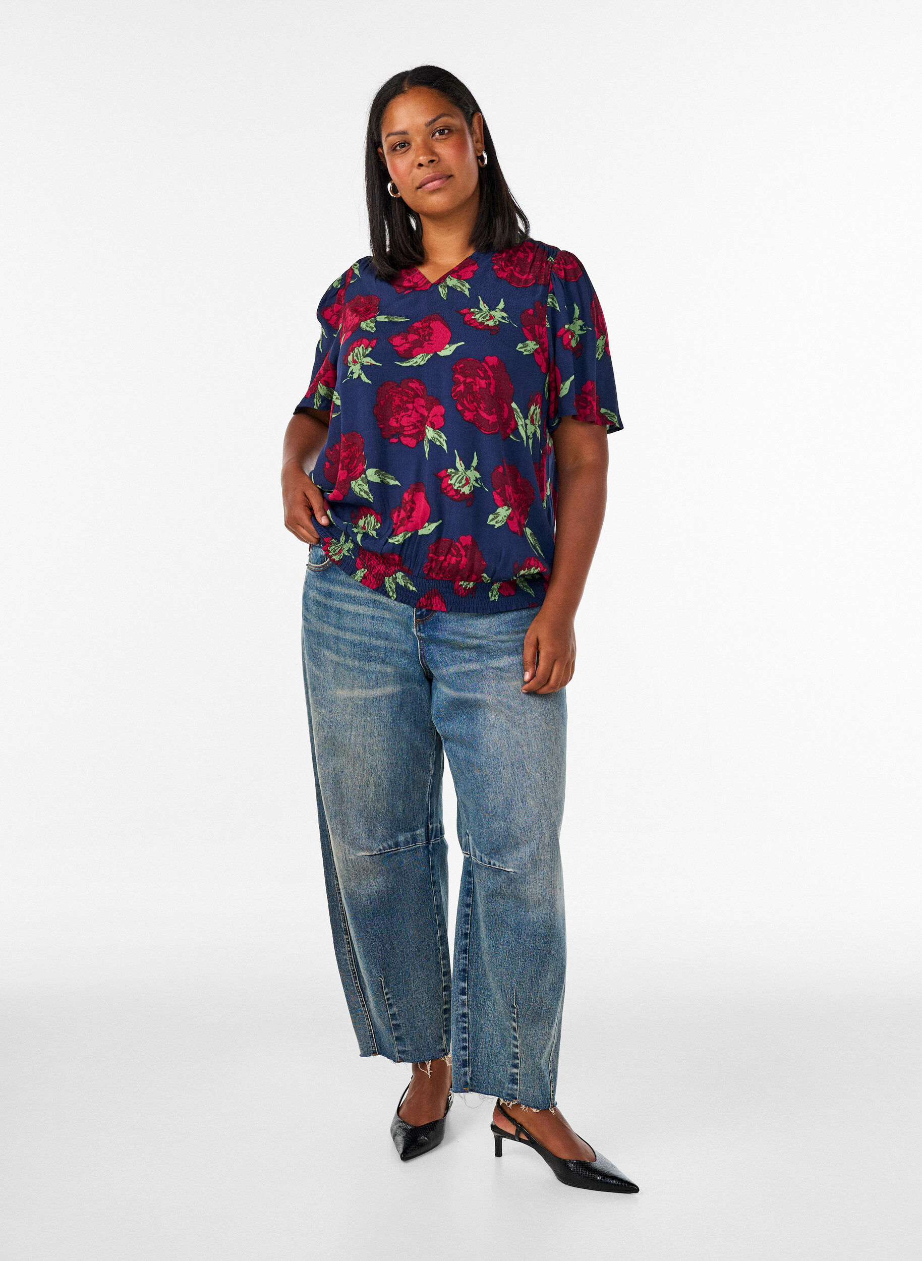 ZizziViscose blouse met bloemenprint en ballonvorm, Blauw, Model image number 1