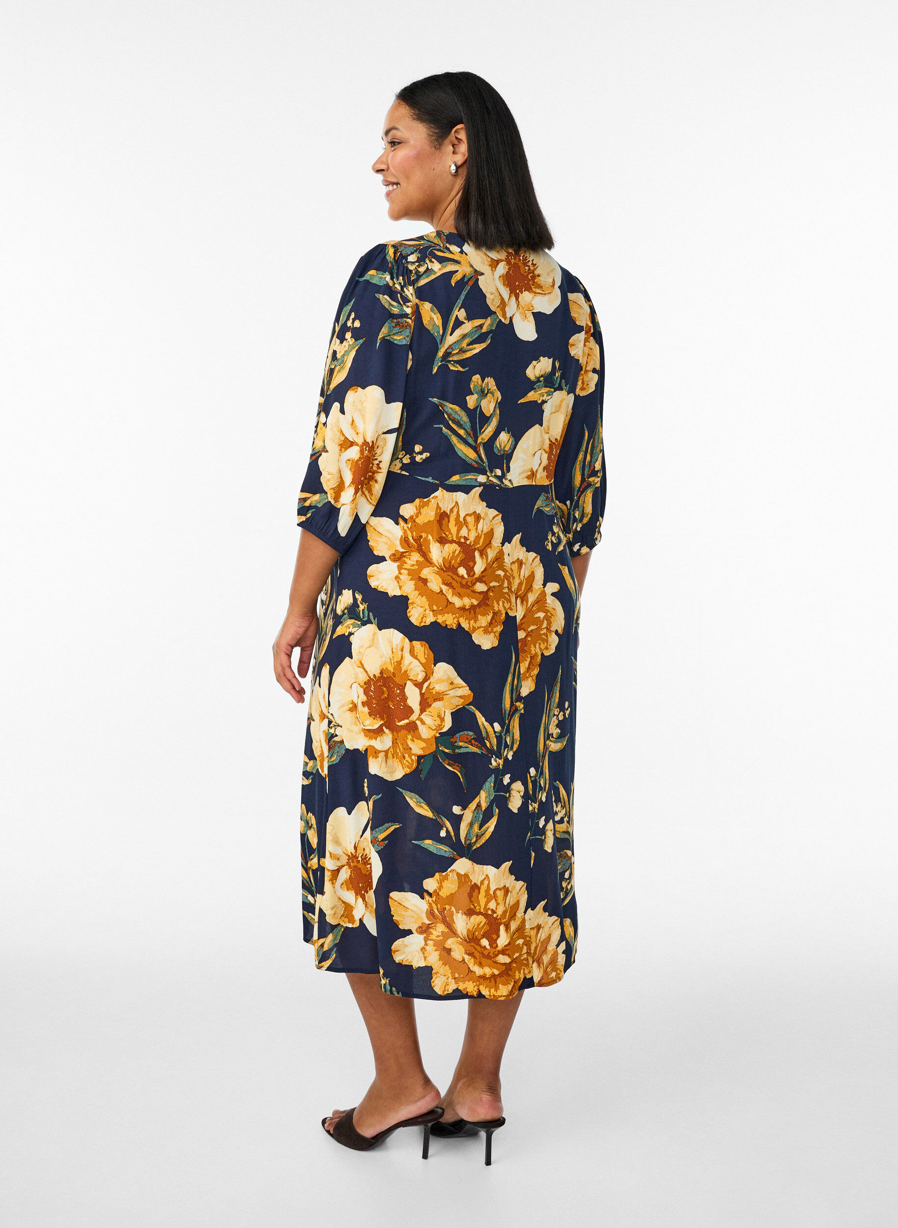 Zizzi Midi-jurk met bloemenprint en 3/4 mouwen, Blauw, Model image number 2