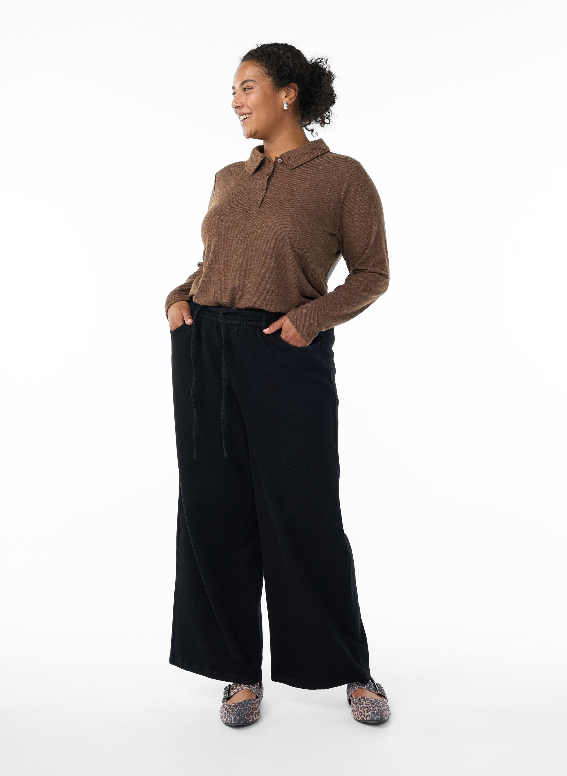 Zizzi Lange mouwen polo in stretchende geribde kwaliteit, Bruin, Model image number 1