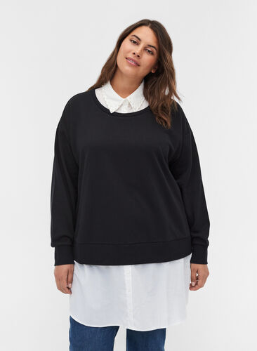 Sweatshirt met opgenaaid overhemd, Black, Model image number 0