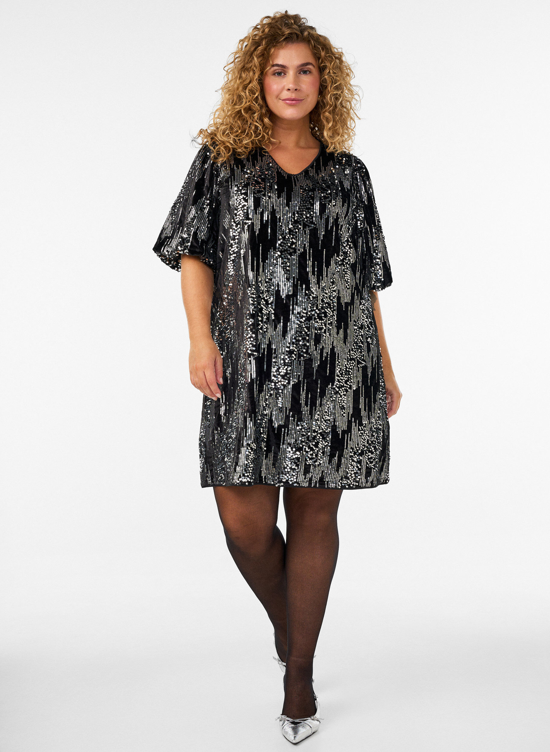 ZizziKorte jurk met pailletten en ballonmouwen, Zwart, Model image number 0