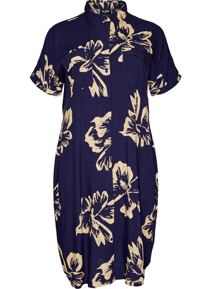 Lange overhemdjurk met korte mouwen, Blauw, Packshot image number 0