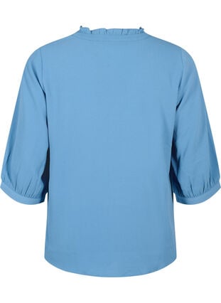 Overhemdblouse met 3/4-mouwen en een kraag met ruches, Moonlight Blue, Packshot image number 1
