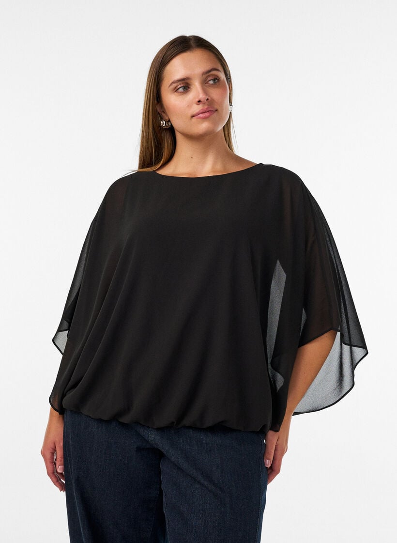 Chiffon blouse met balloneffect, Zwart, Model image number 0