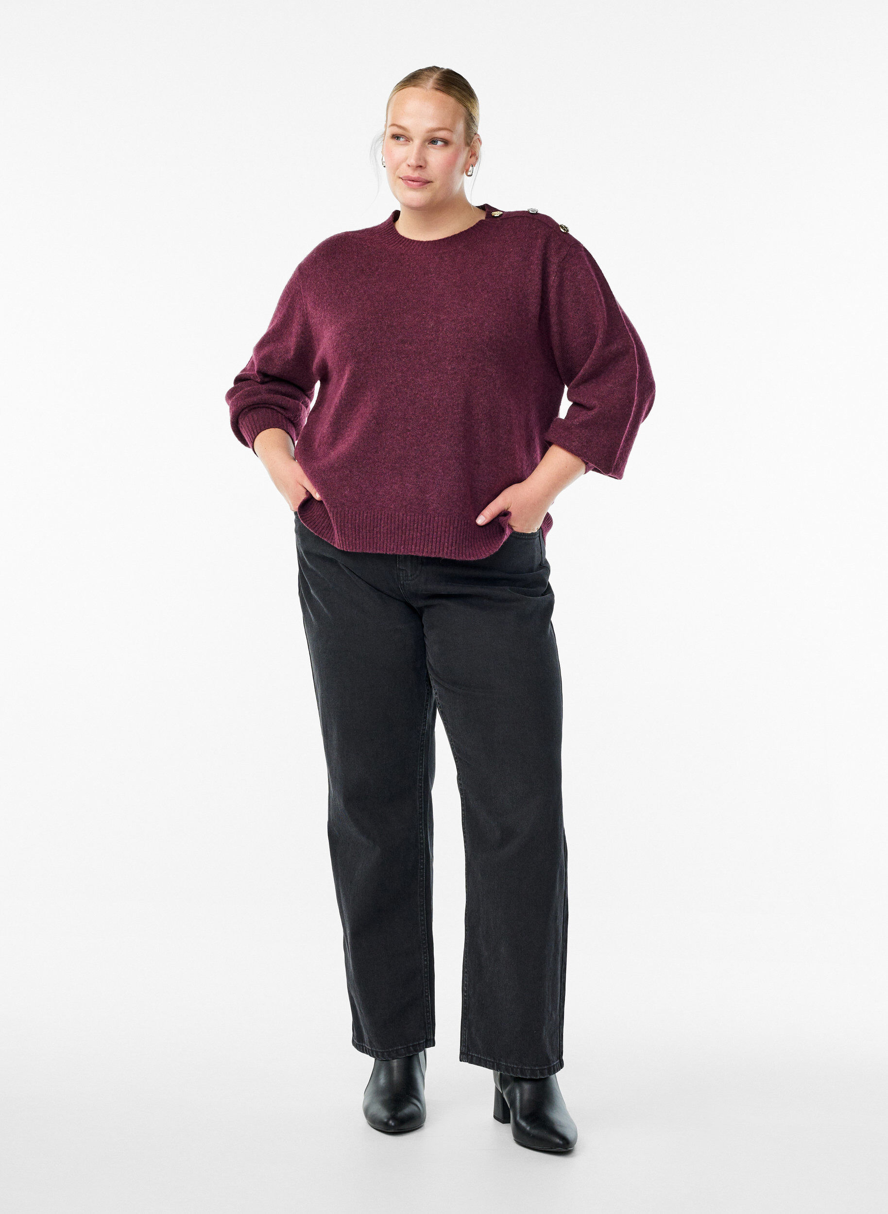 Zizzi Breisel blouse met knoopdetail, Donker Bordeaux, Model image number 1