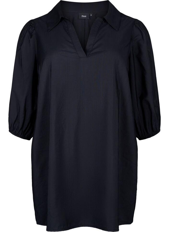 Tuniek van viscose met V-hals en kraag, Black, Packshot image number 0