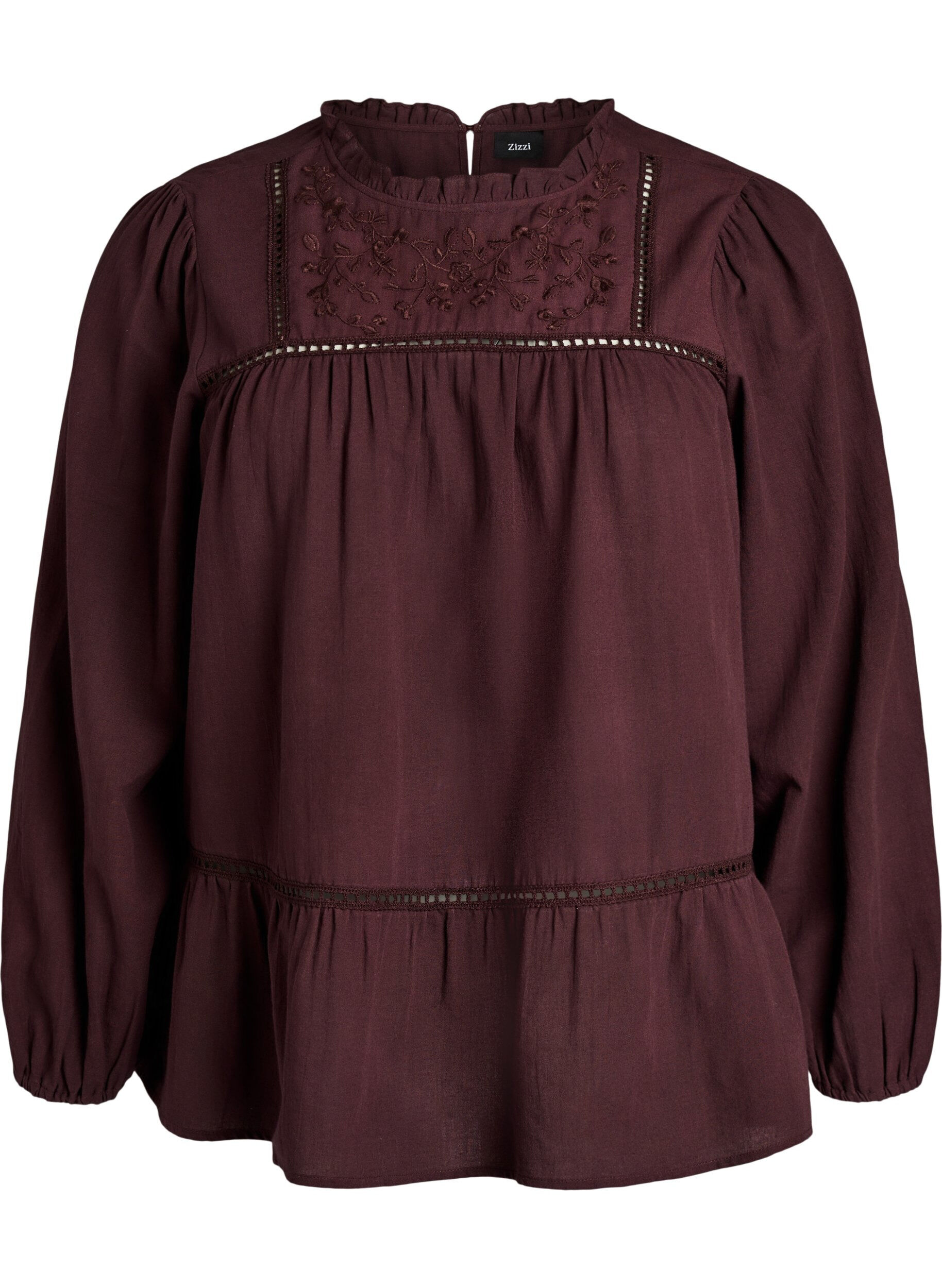 ZizziBlouse met borduurwerk en sierlijke oogjesrandafwerking, Donker Bordeaux, Packshot image number 0