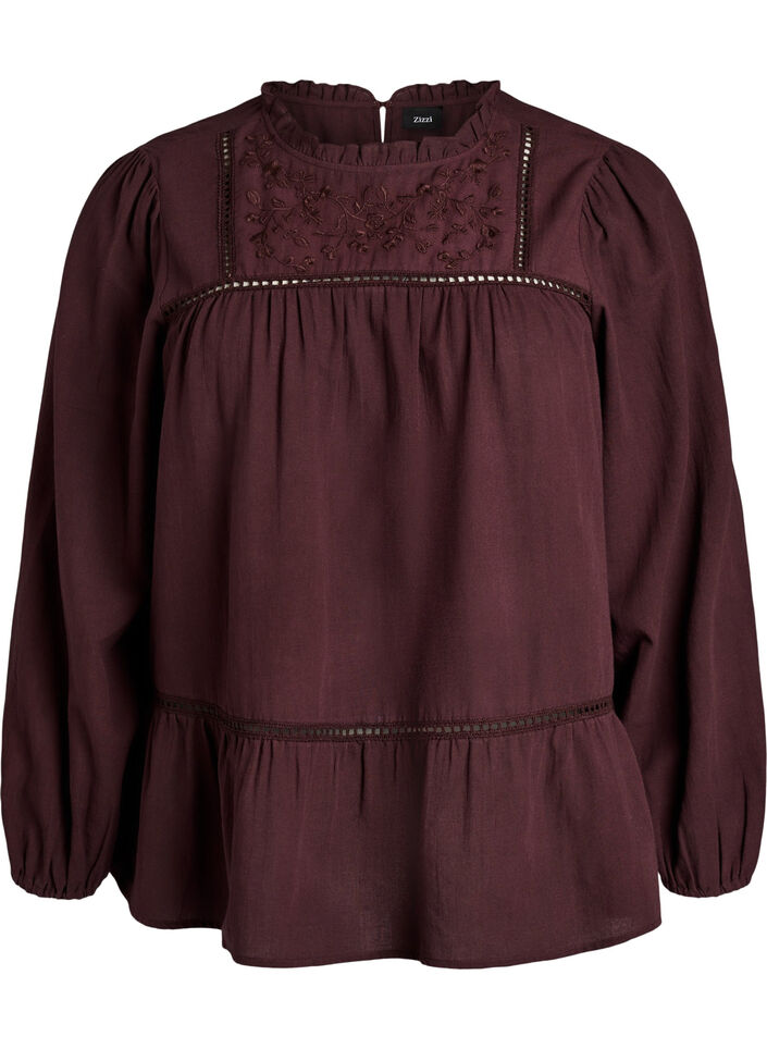 Blouse met borduurwerk en sierlijke oogjesrandafwerking, Donker Bordeaux, Packshot image number 0