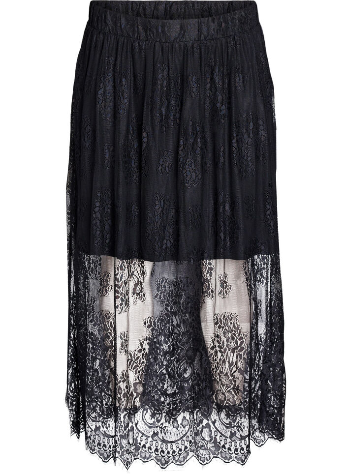 Lange rok van kant met elastische taille, Zwart, Packshot image number 0