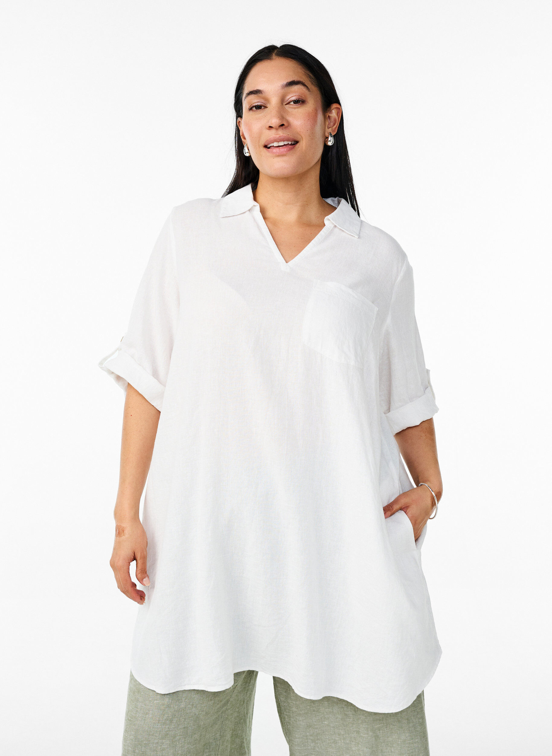 Zizzi Tuniek van linnen en viscose met A-vorm, Wit, Model image number 0