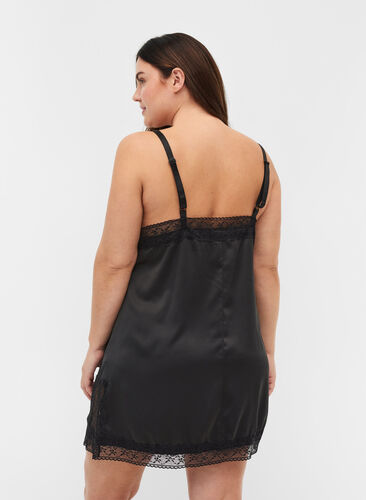 Pyjama jurk met kant en split, Black, Model image number 1