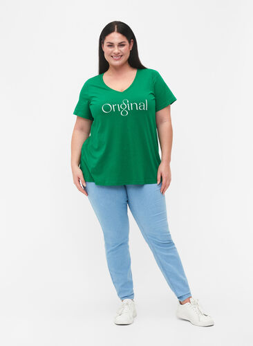Katoenen t-shirt met tekstopdruk en v-hals, Jolly Green ORI, Model image number 2