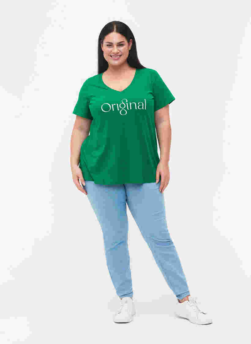 Katoenen t-shirt met tekstopdruk en v-hals, Jolly Green ORI, Model image number 2