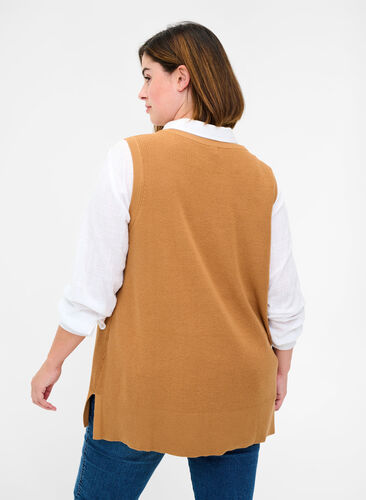 Basic gebreide vest met ronde hals, Tobacco Brown, Model image number 1