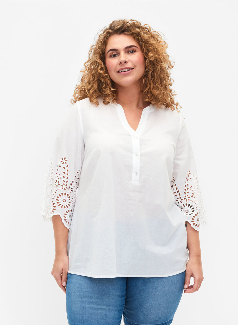 Overhemdblouse met broderie anglaise en 3/4 mouwen, Bright White, Model image number 0
