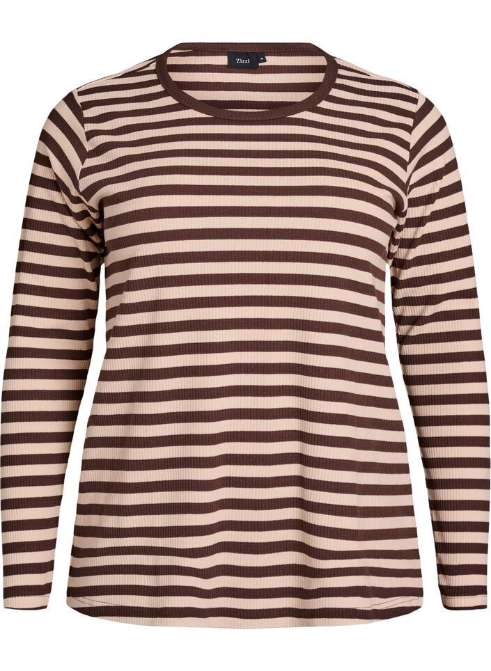 Gestreepte blouse met lange mouwen, Bruin, Packshot image number 0