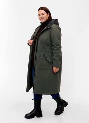 Parka jas met kap en verstelbare taille, Black Olive, Model image number 0