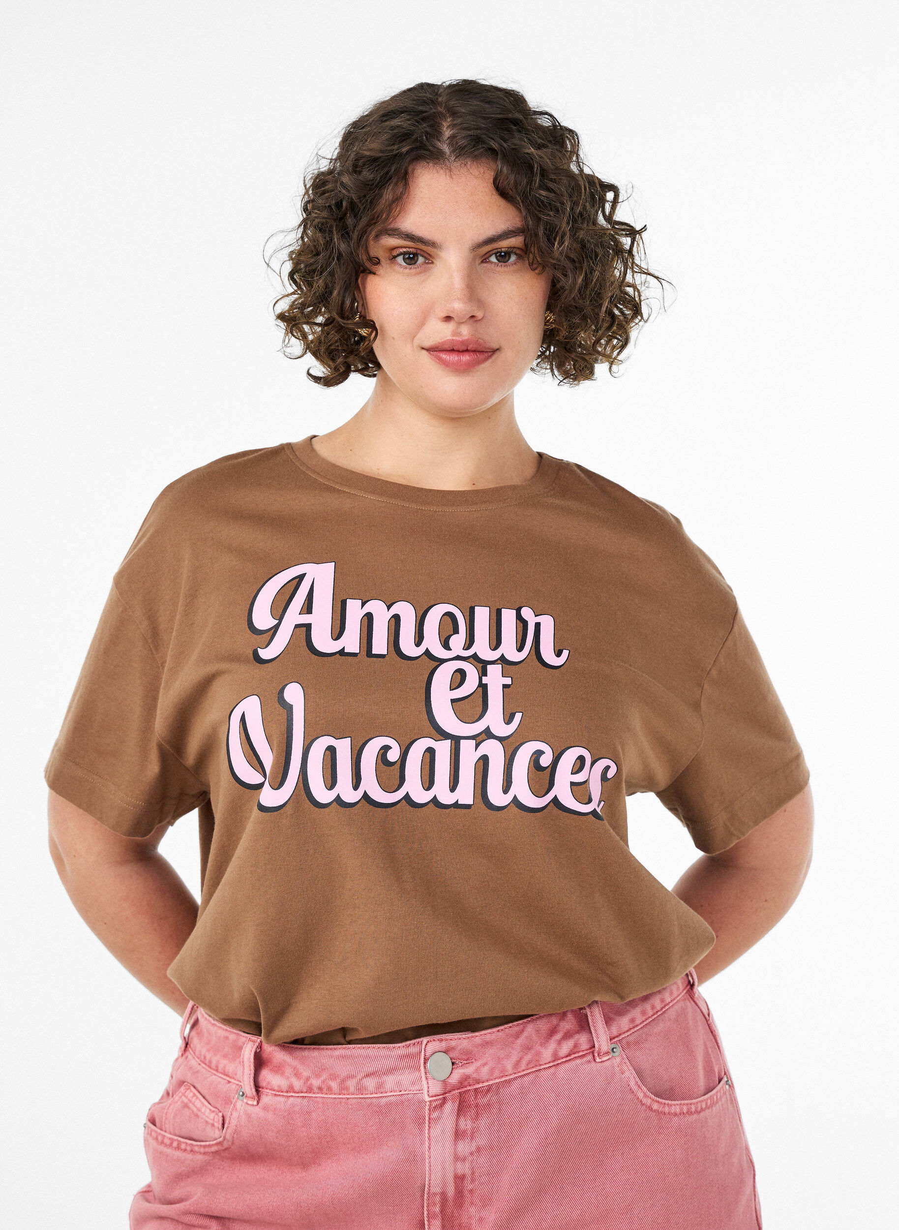 Zizzi100% katoenen T-shirt met korte mouwen en print, Bruin, Model image number 0