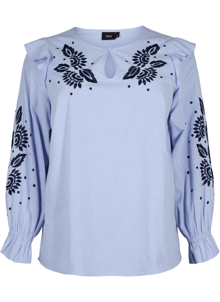 Katoenen blouse met borduursel en ruches, Blauw, Packshot image number 0