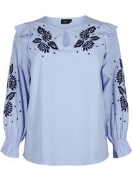 Katoenen blouse met borduursel en ruches, Ch. Blue w. Navy
