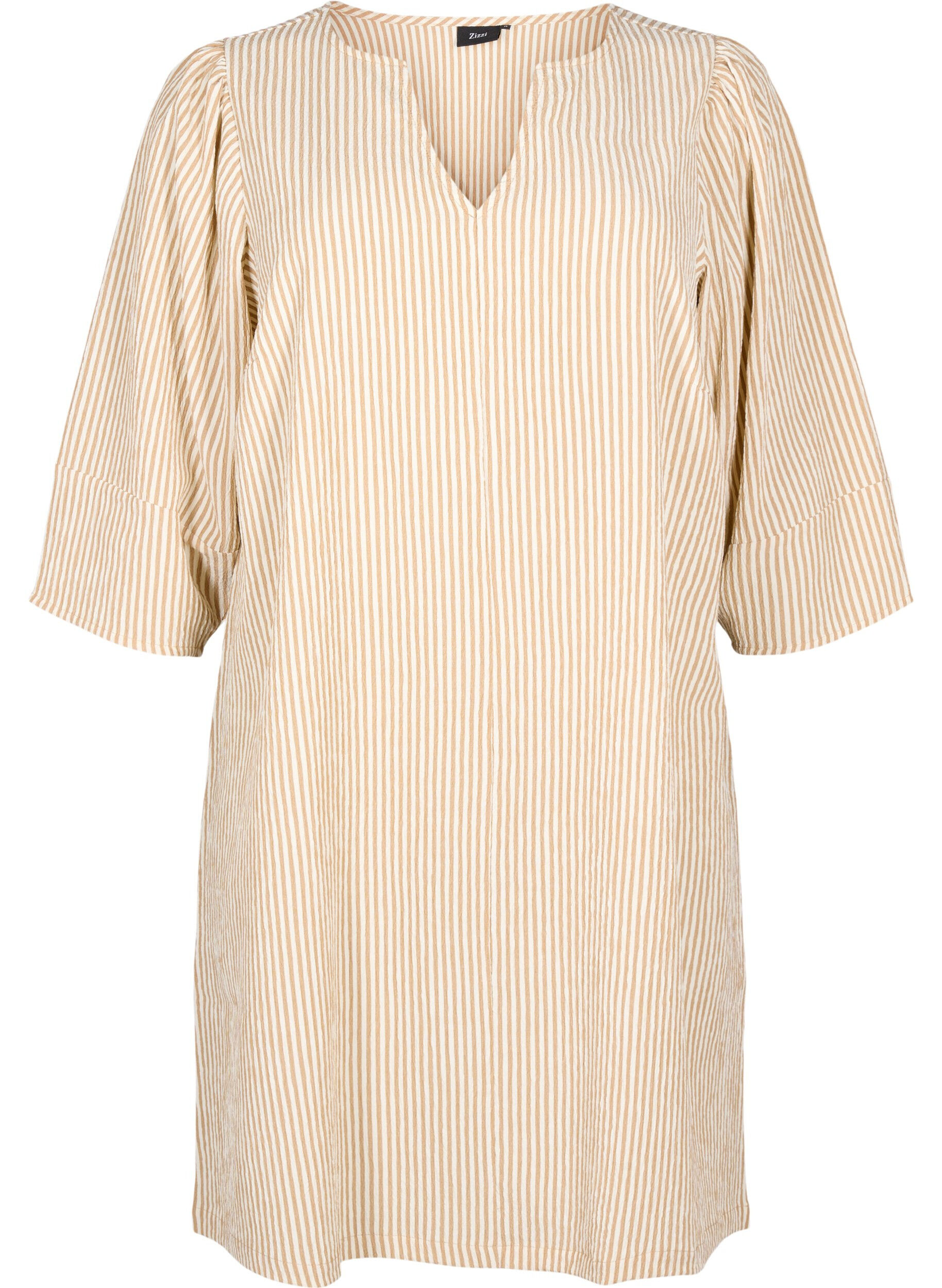 Zizzi Gestreepte jurk met 3/4 mouwen, Camel Stripe, Packshot image number 0