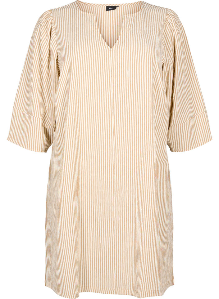 Gestreepte jurk met 3/4 mouwen, Camel Stripe, Packshot image number 0