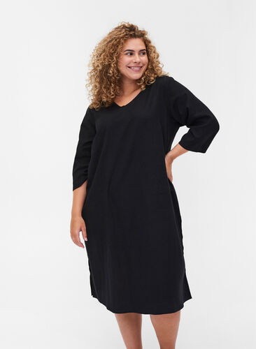Katoenen jurk met 3/4-mouwen en knopen, Black, Model image number 0