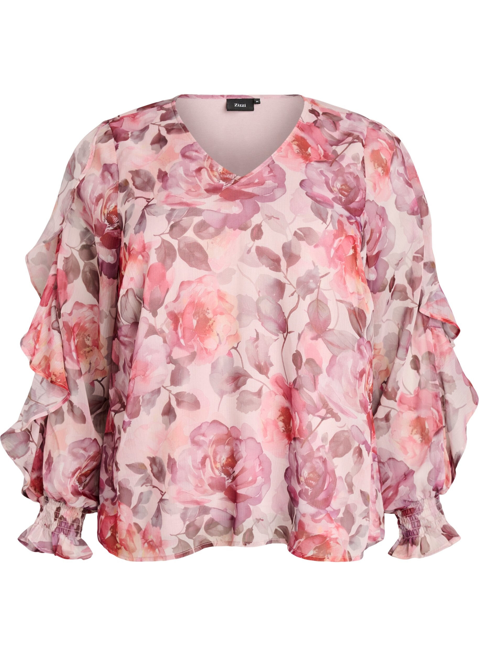 ZizziBlouse met bloemenprint, V-hals en ruches mouwen, Roze, Packshot image number 0