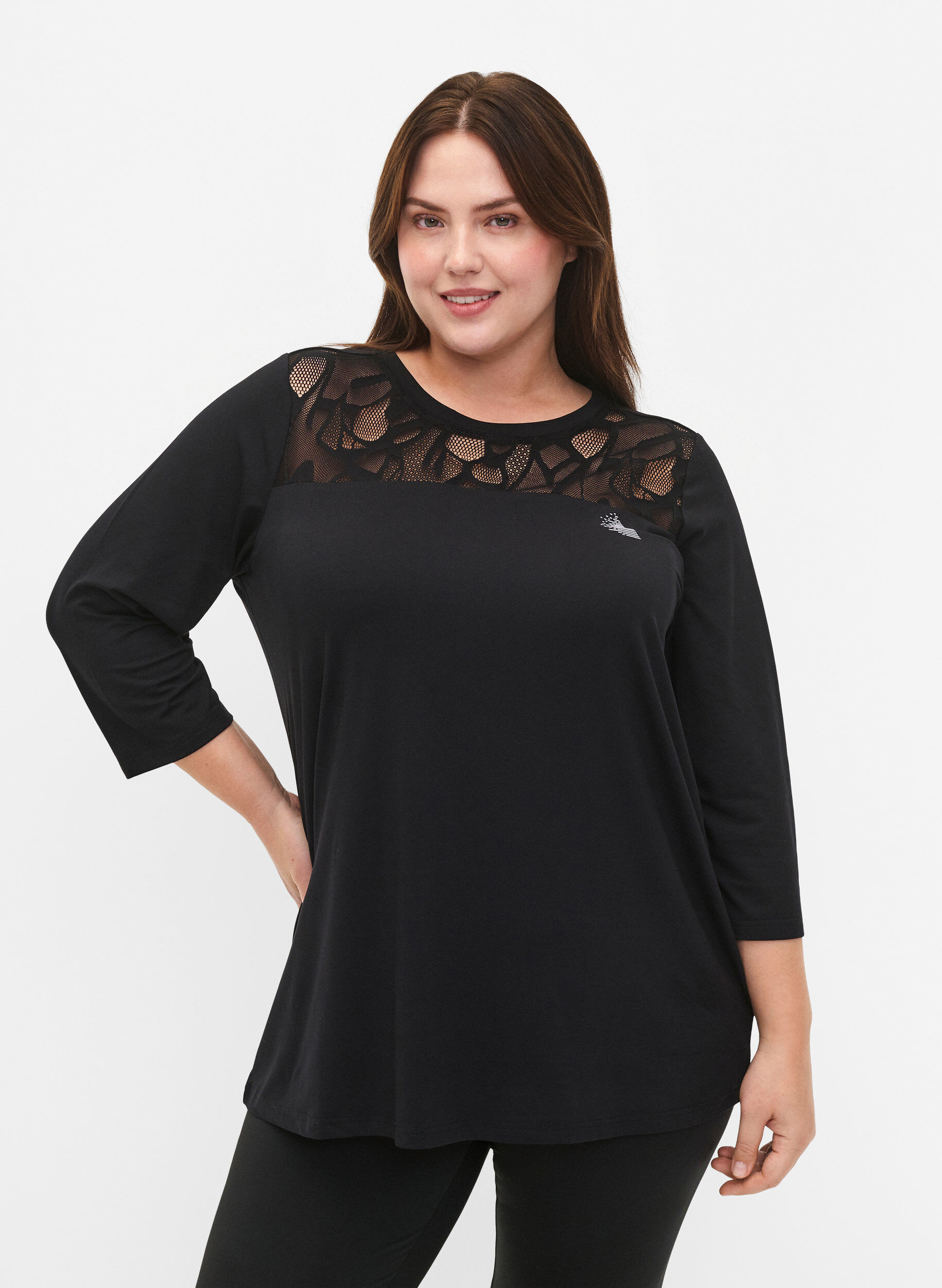 Zizzi Trainings-T-shirt met 3/4 mouwen en gaasdessin, Black, Model image number 0