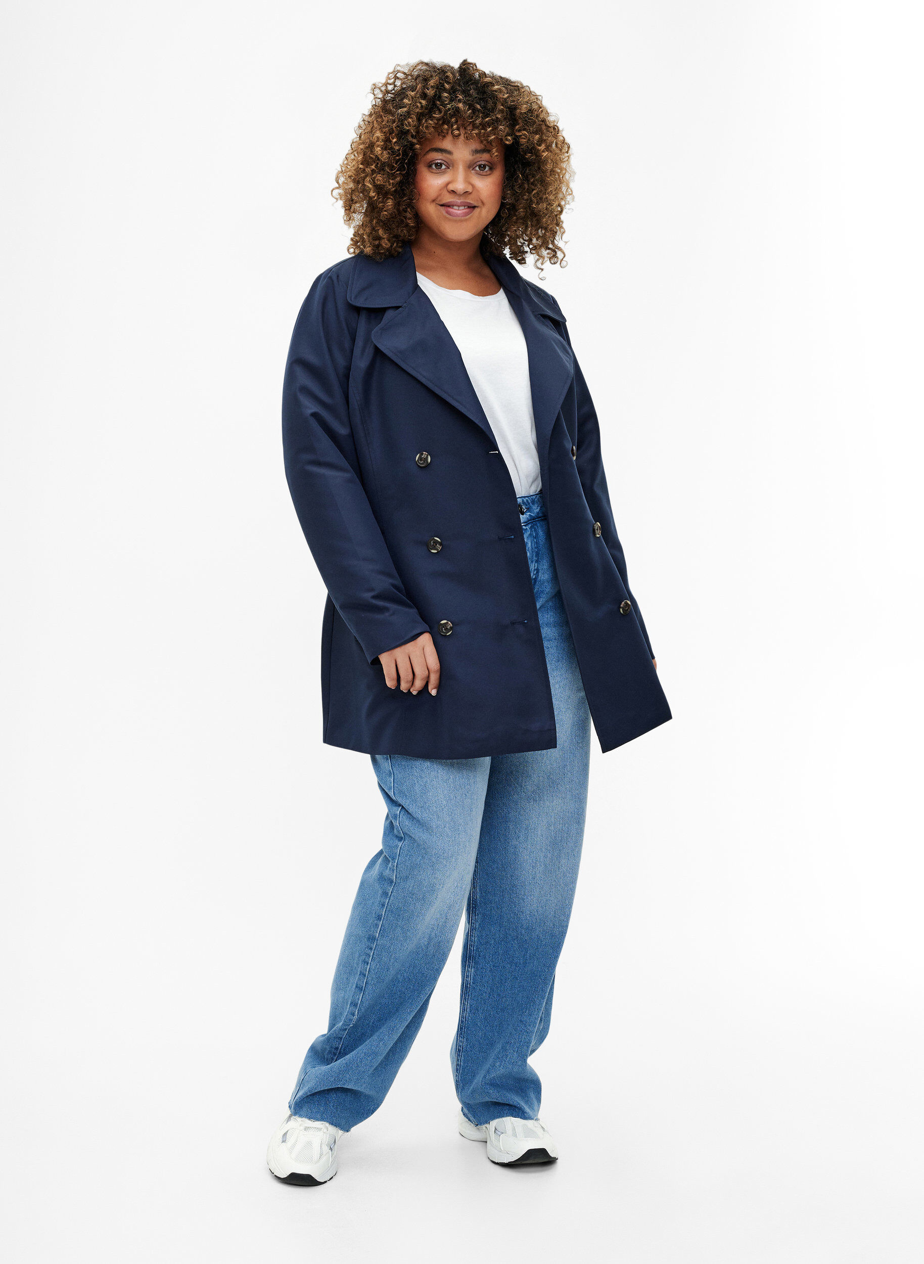 Zizzi Korte trenchcoat met riem, Blauw, Model image number 1