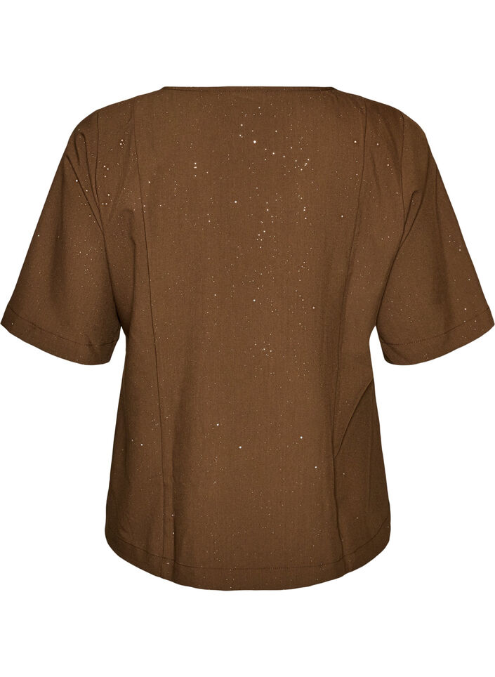 Blouse met glitter en V-hals, Bruin, Packshot image number 1