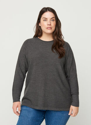 Gebreide geribbelde sweater met ronde hals , Dark Grey Melange, Model image number 0
