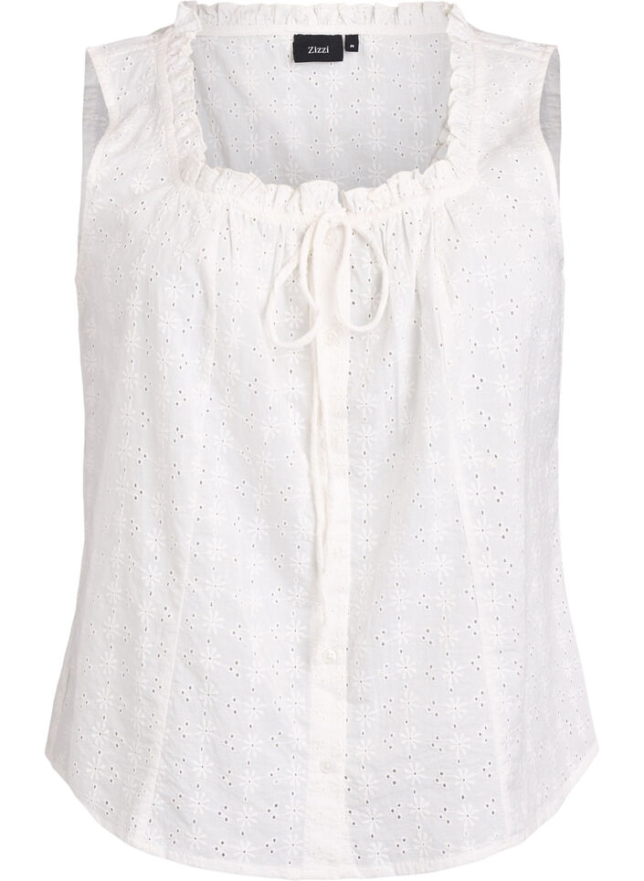 Mouwloze blouse met broderie anglaise en ruches, Vanille, Packshot image number 0