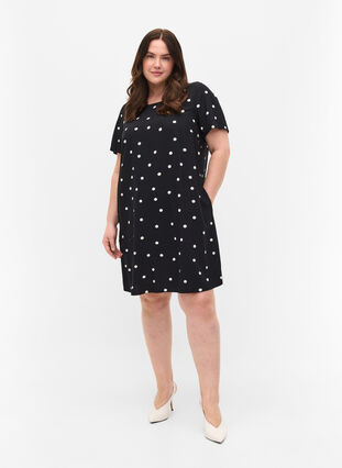 Gebloemde viscose jurk met korte mouwen, Black Dot, Model image number 2
