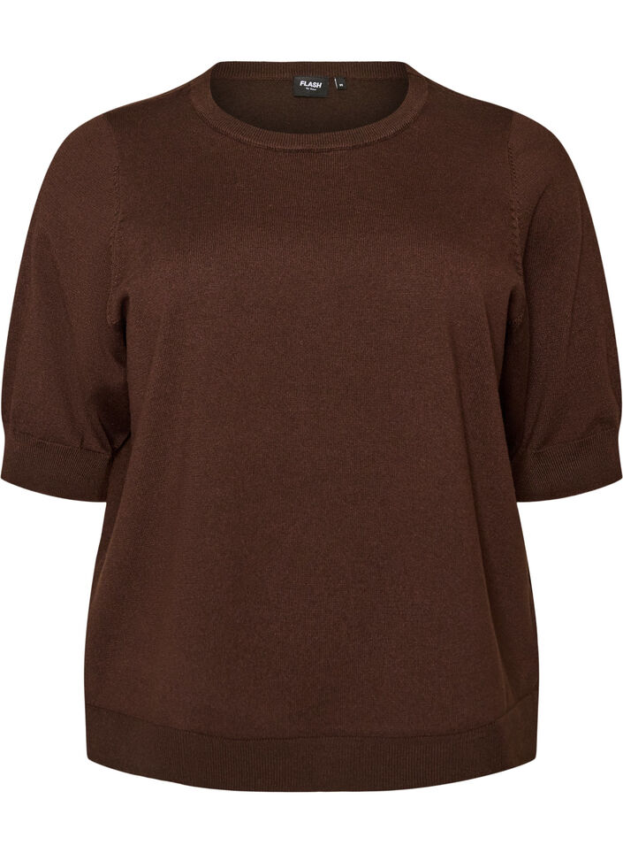 Fijngebreide blouse met korte mouwen, Bruin, Packshot image number 0