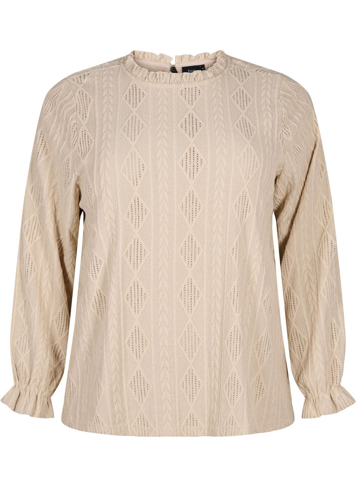 Blouse met ruches en ton-sur-ton-patroon, Sand, Packshot image number 0