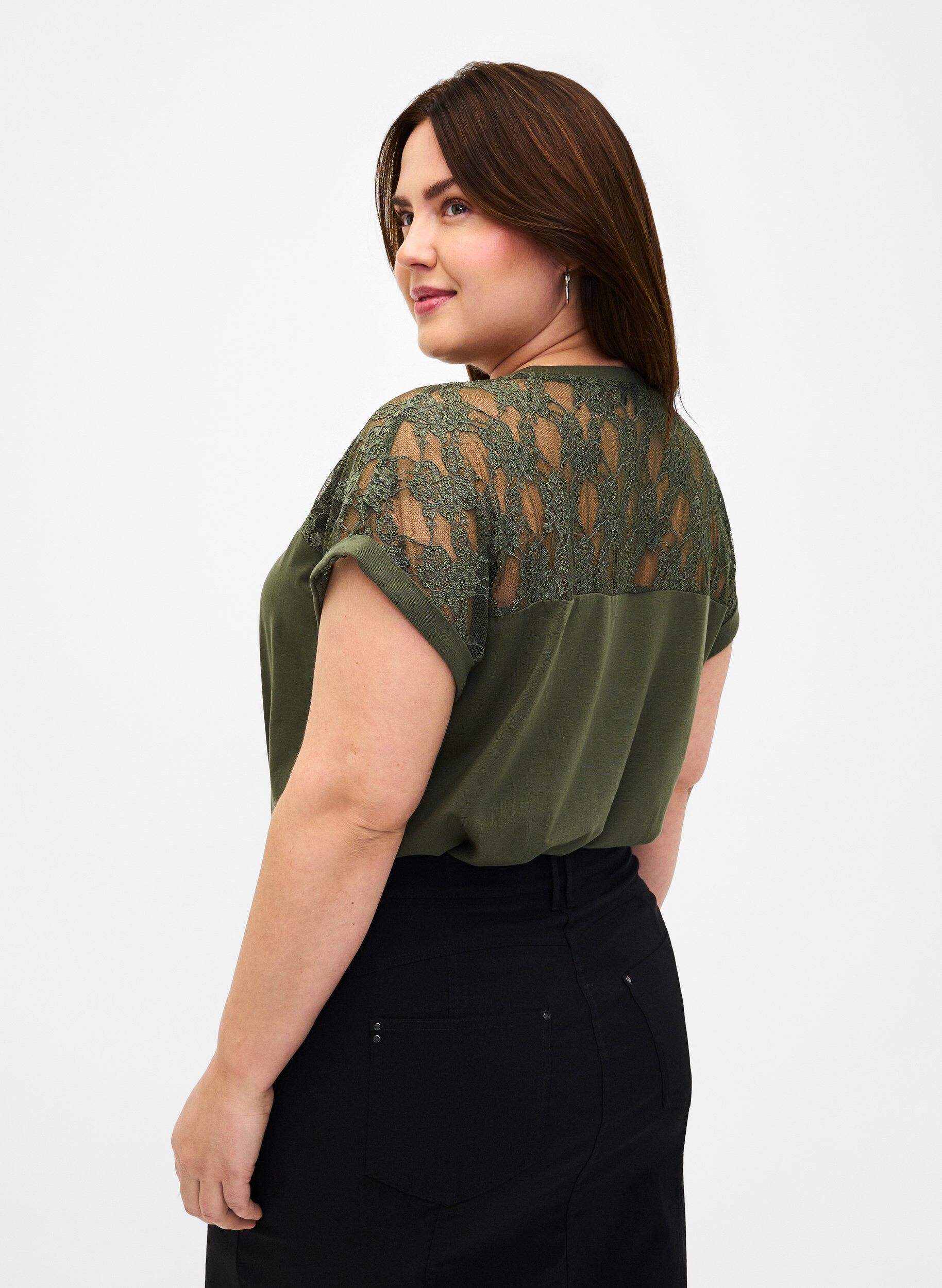 Zizzi Katoenen T-shirt met korte mouwen en kant, Thyme, Model image number 1