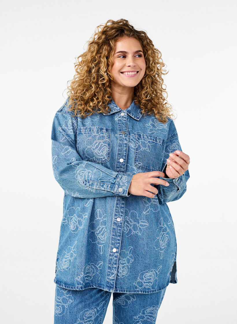 Denim jasje met bloemen, Light Blue Denim, Model image number 0