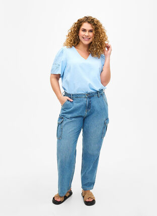 Viscose blouse met korte mouwen en borduursel, Chambray Blue, Model image number 2