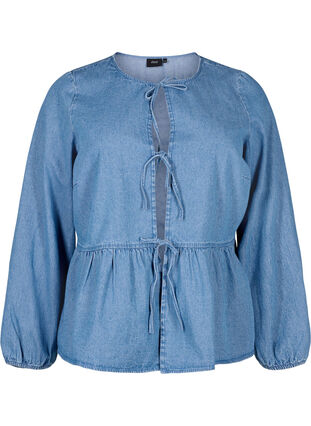 Denim peplum blouse met striksluiting, Light Blue Denim, Packshot image number 0