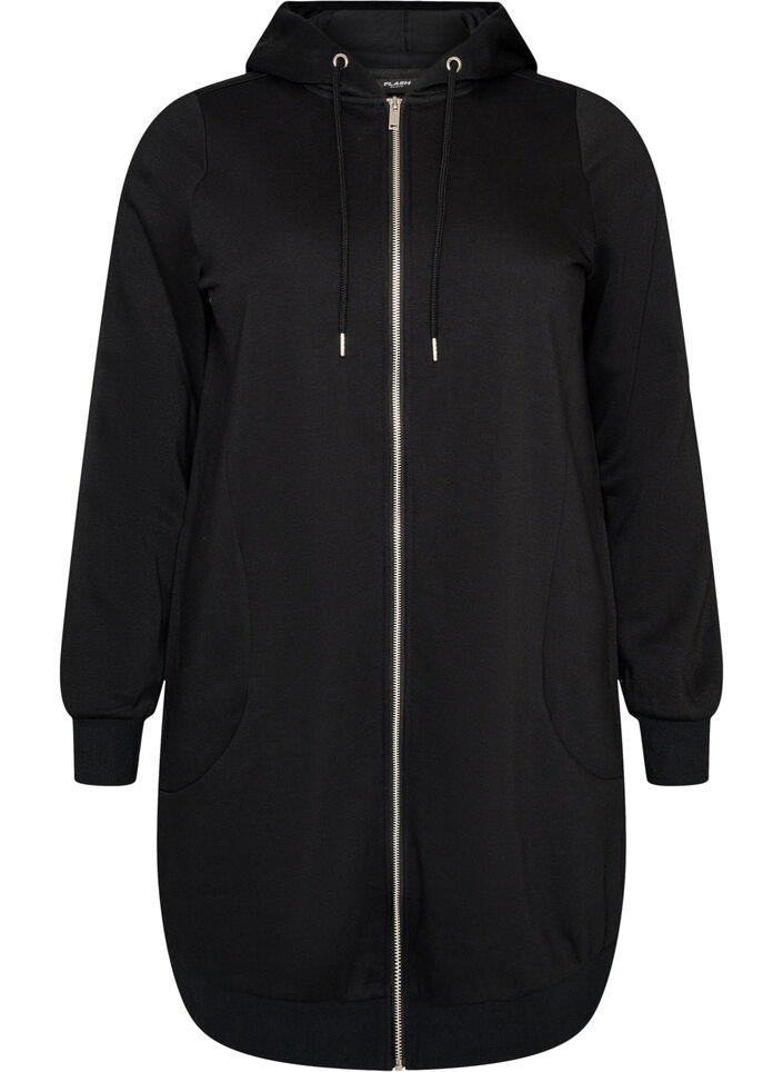 Lange hoodie met ritssluiting en zakken, Zwart, Packshot image number 0