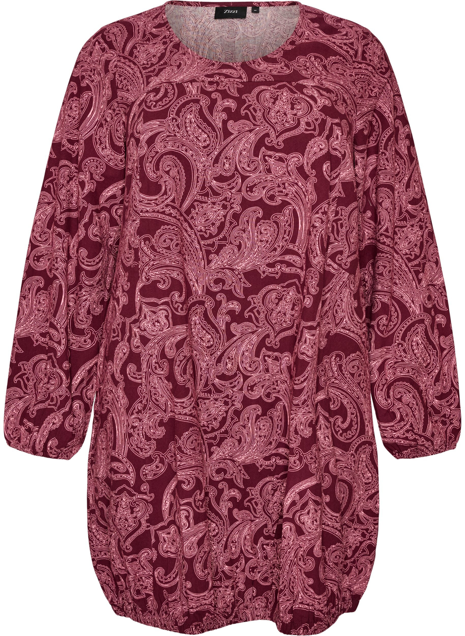 ZizziKorte katoenen jurk met een elastische zoom en lange mouwen, Donker Bordeaux, Packshot image number 0
