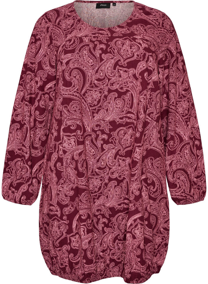 Korte katoenen jurk met een elastische zoom en lange mouwen, Donker Bordeaux, Packshot image number 0