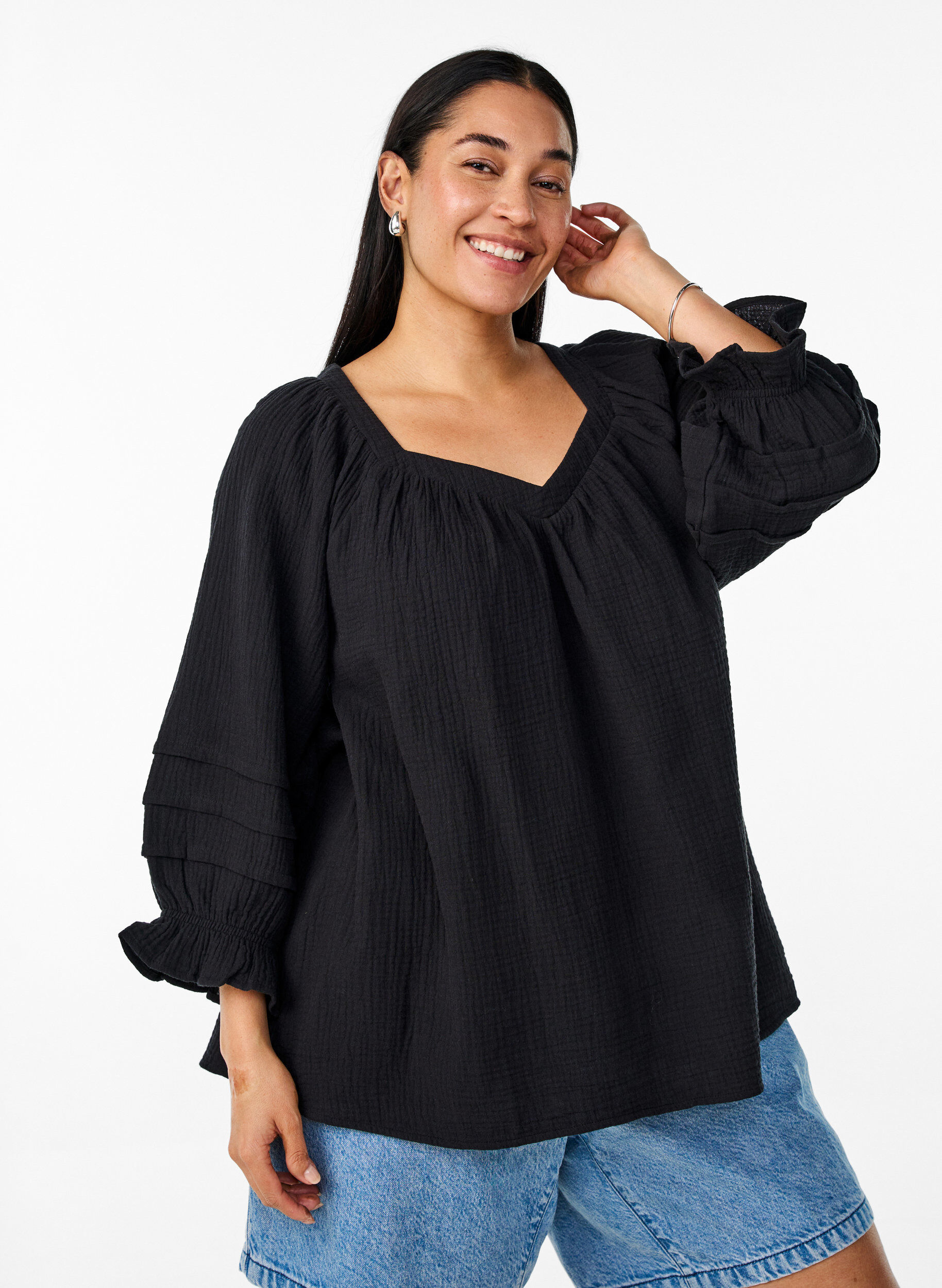 Zizzi Katoenen mousseline blouse met 3/4 mouwen, Black, Model image number 0