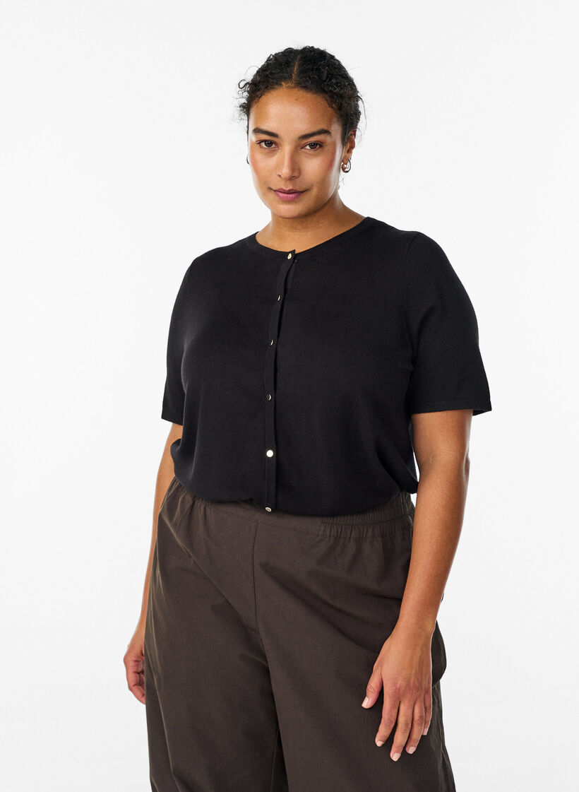 Kort&auml;rmede gebreide vest van viscose, Zwart, Model image number 0