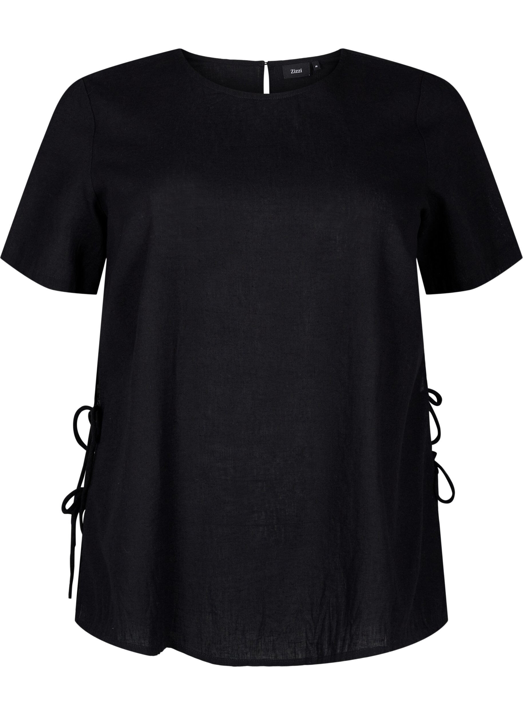 Zizzi Blouse met korte mouwen van katoenmix met linnen en kanten details, Black, Packshot image number 0
